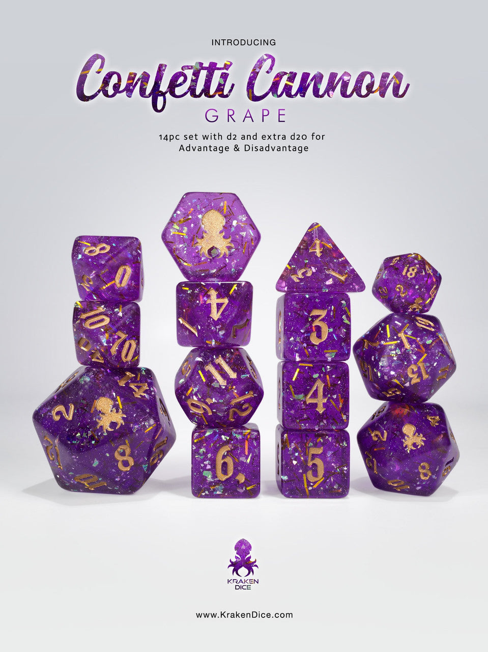 Confetti Cannon: Grape - Limited Run - 14pc Dice Set inked in Gold